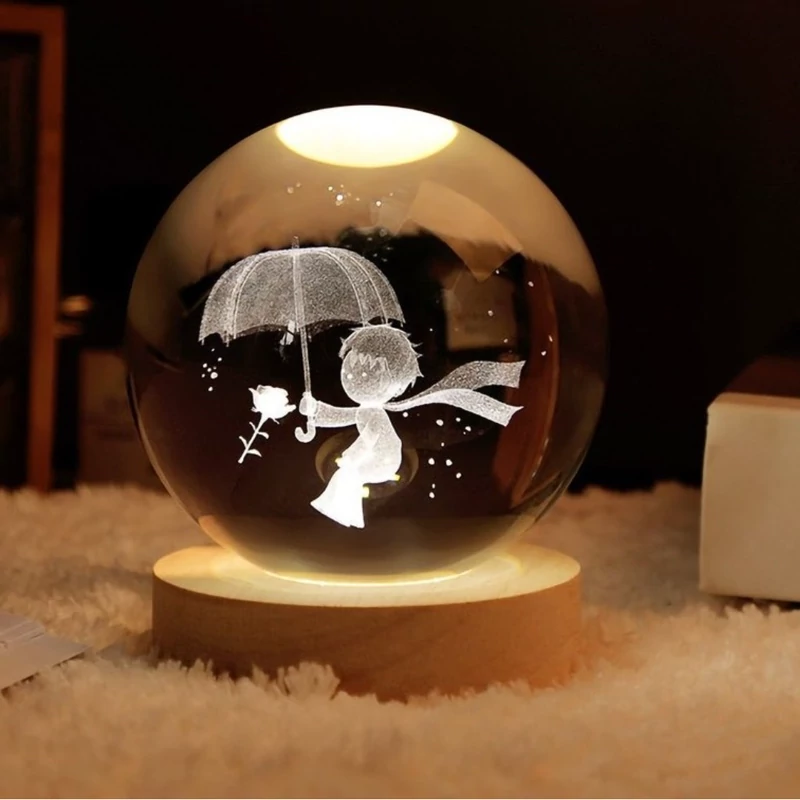 چراغ خواب مدل گوی کریستالی طرح شازده کوچولو و گل قطر6